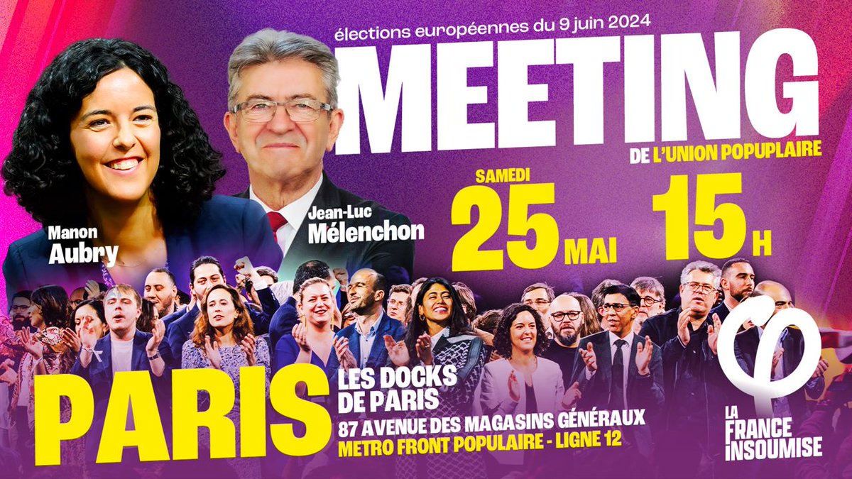 🔴 Ce samedi 25 mai, rendez-vous à 15h pour un meeting de l'Union Populaire à Paris avec Jean-Luc Mélenchon et Manon Aubry à Paris ! 👉En direct : youtube.com/live/1fFEeDxvj… ➡️ Les Docks de Paris - Dock Pullman 87 avenue des Magasins Généraux Aubervilliers #UnionPopulaire