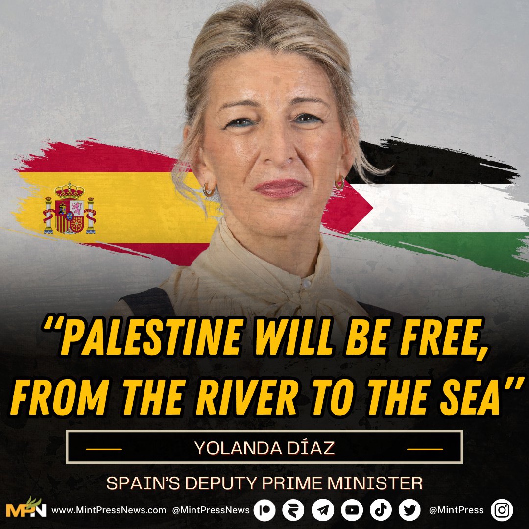 Yolanda Díaz, Spain’s deputy prime minister, welcomed her country's formal recognition of Palestine and called for an exertion of pressure on the EU to break agreements with Israel, stop funding, and support investigations into war crimes.