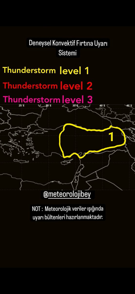 25 Mayıs 2024 

UYARI SEVİYE 1

Kastamonu dahil Orta Karadeniz ile Doğu Karadeniz iç kesimleri-İç Anadolu orta ve doğu kesimleri-Doğu Anadolu-Doğu Akdeniz-Güneydoğu Anadolu kuzeyinde yerel gök gürültülü fırtınalar bekleniyor 
Konvektif Riskler: Lokal kuvvetli yağış-dolu-yıldırım