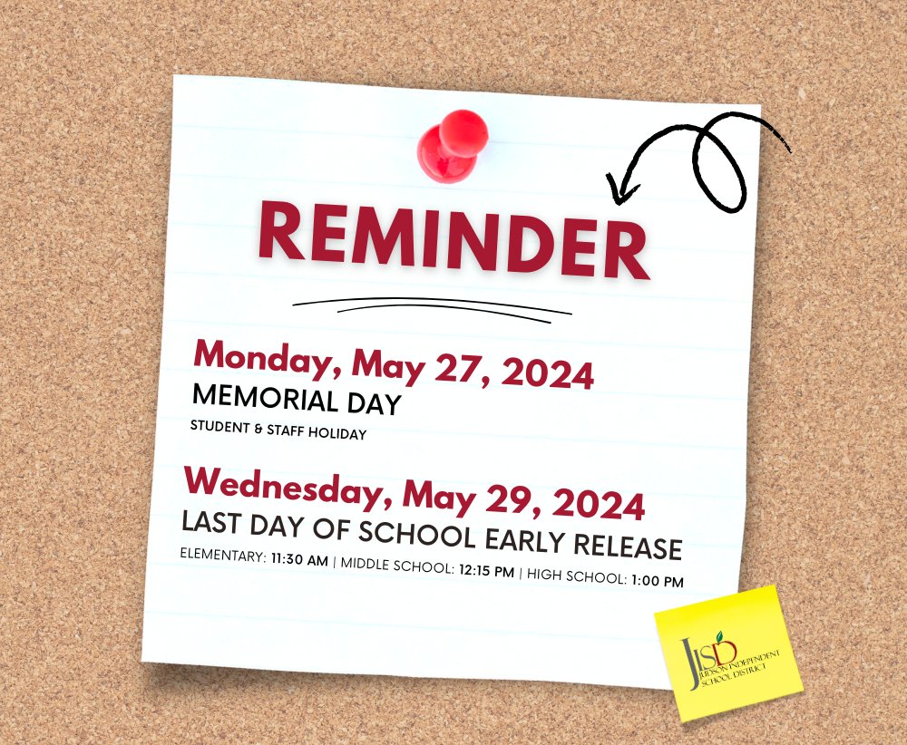 Hey #JudsonISDFamily! Just a couple of reminders coming up for next week! 

Make sure to check with your students campus for their end of year reminders, before we head into summer break! #JudsonISD #JISD