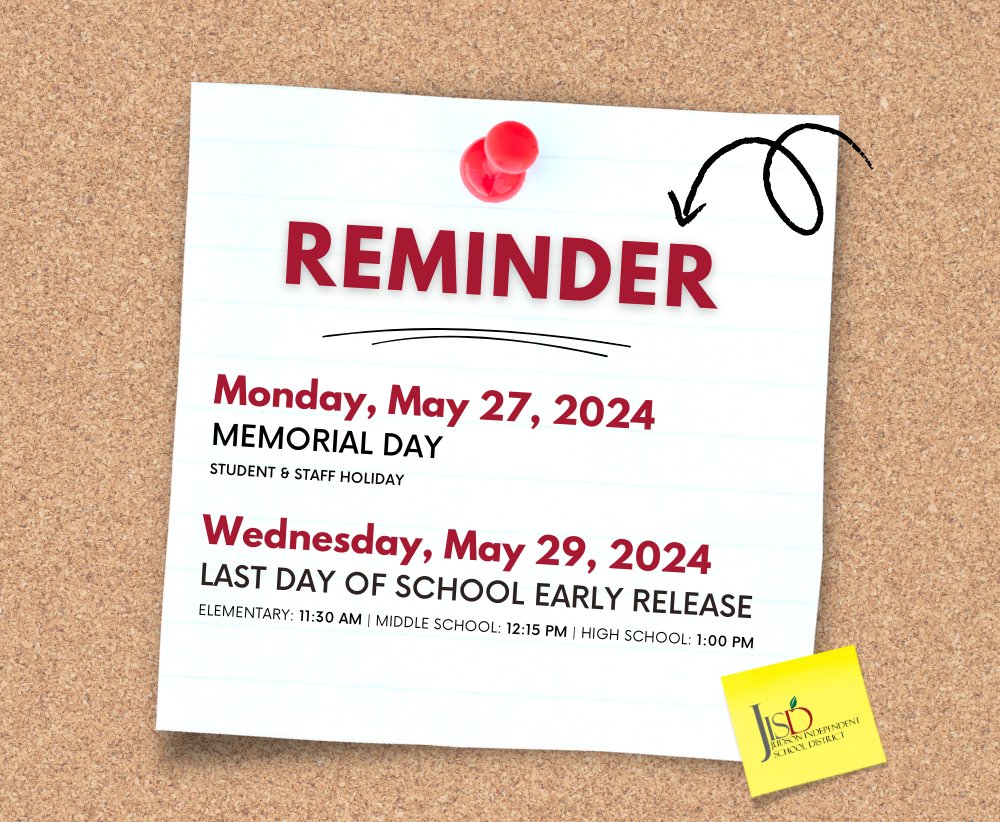 JudsonISD's tweet photo. Hey #JudsonISDFamily! Just a couple of reminders coming up for next week! 

Make sure to check with your students campus for their end of year reminders, before we head into summer break! #JudsonISD #JISD https://t.co/qtC4trZci9