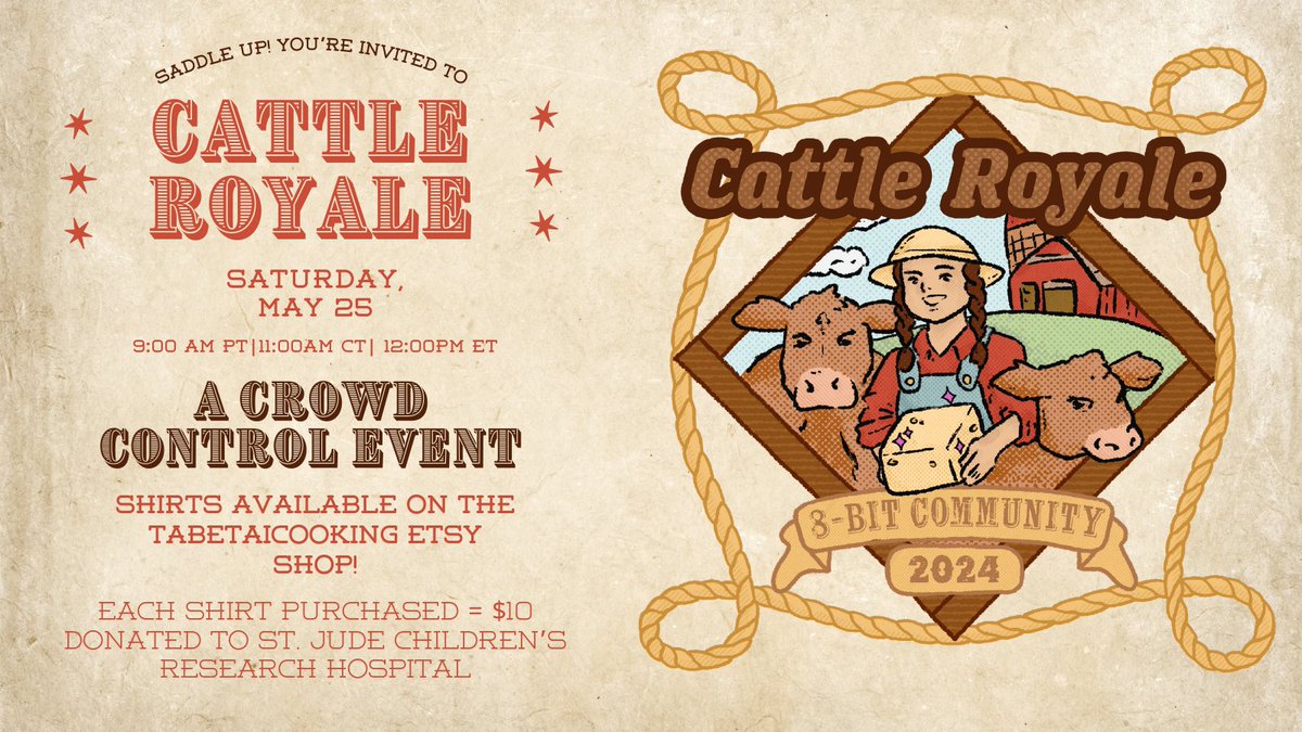 PlaidberryD's tweet image. Tomorrow is the day for our Cattle Royale event with the @8Bit_Community! You can affect the gameplay in our Stardew game, as we'll be utilizing @CrowdControl to raise money for @StJudePLAYLIVE ❤️💜

You can also get a cute shirt I designed for the event in our Etsy shop! 🐮👩‍🌾🧀