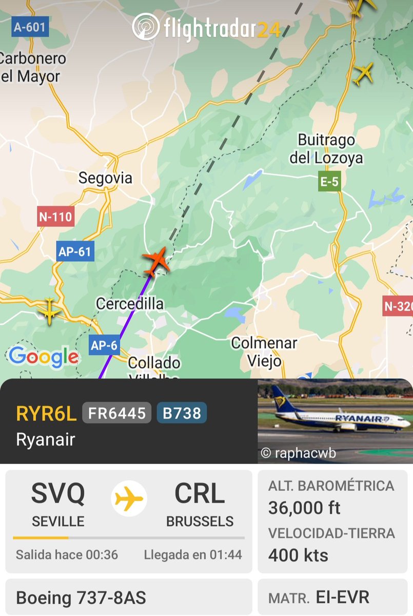 El RYR de Sevilla a Bruselas marca su paso a 36.000 ft.