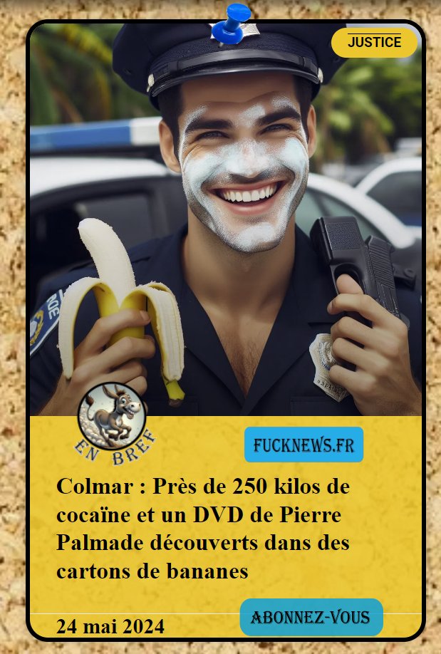 #Colmar : Près de 250 kilos de #cocaïne et un #DVD de Pierre #Palmade découverts dans des cartons de bananes

Toutes nos fucknews sont tirées de faits réels

Retrouver tous nos articles sur notre site

#direct #vendredilecture #humour #police #darmanin #macron #placenette