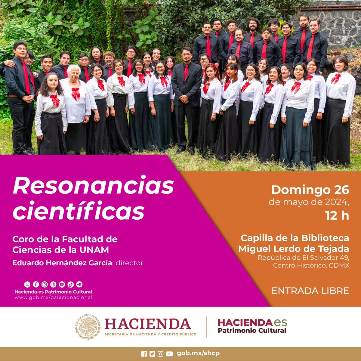No te pierdas el concierto «Resonancias científicas» del Coro de la Facultad de Ciencias de la @UNAM_MX en la Biblioteca Lerdo de Tejada de @HaciendaCultura. 📍 República de El Salvador 49, #CDMX 🗓️ 26 de mayo ⏰ De 12:00 horas 🎟️ Entrada gratuita