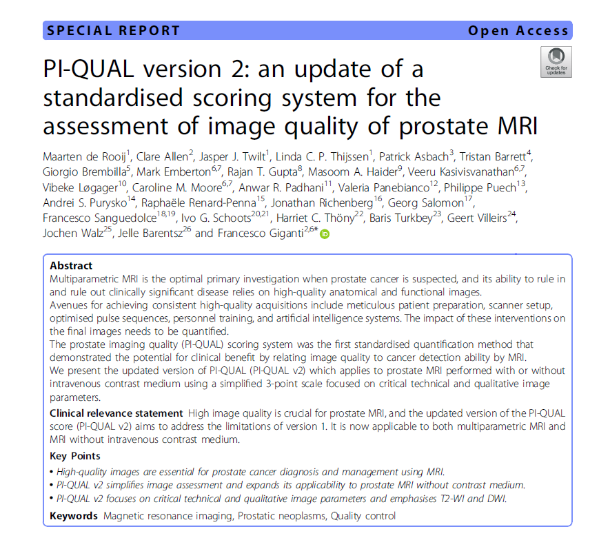 radiolobt's tweet photo. 📣Happy to share PI-QUAL version 2 🎉
🔵PI-QUAL version 2: an update of a standardised scoring system for the assessment of image quality of prostate MRI 
https://t.co/l8yYhRReG7
👍Congratulations to our amazing team @giga_fra @JelleBarentsz @MaartendeRooij @VPanebiancoIT @ProfPadhani @veerukasi @mrsprostate @IvoSchootsNL @Purysko @vbloegager @RajanTGuptaMD @radfiler @Tristan_Radiol and all colleagues for this important work
#prostateMRI #PIQUAL #MRIquality #ProstateCancer #CancerResearch