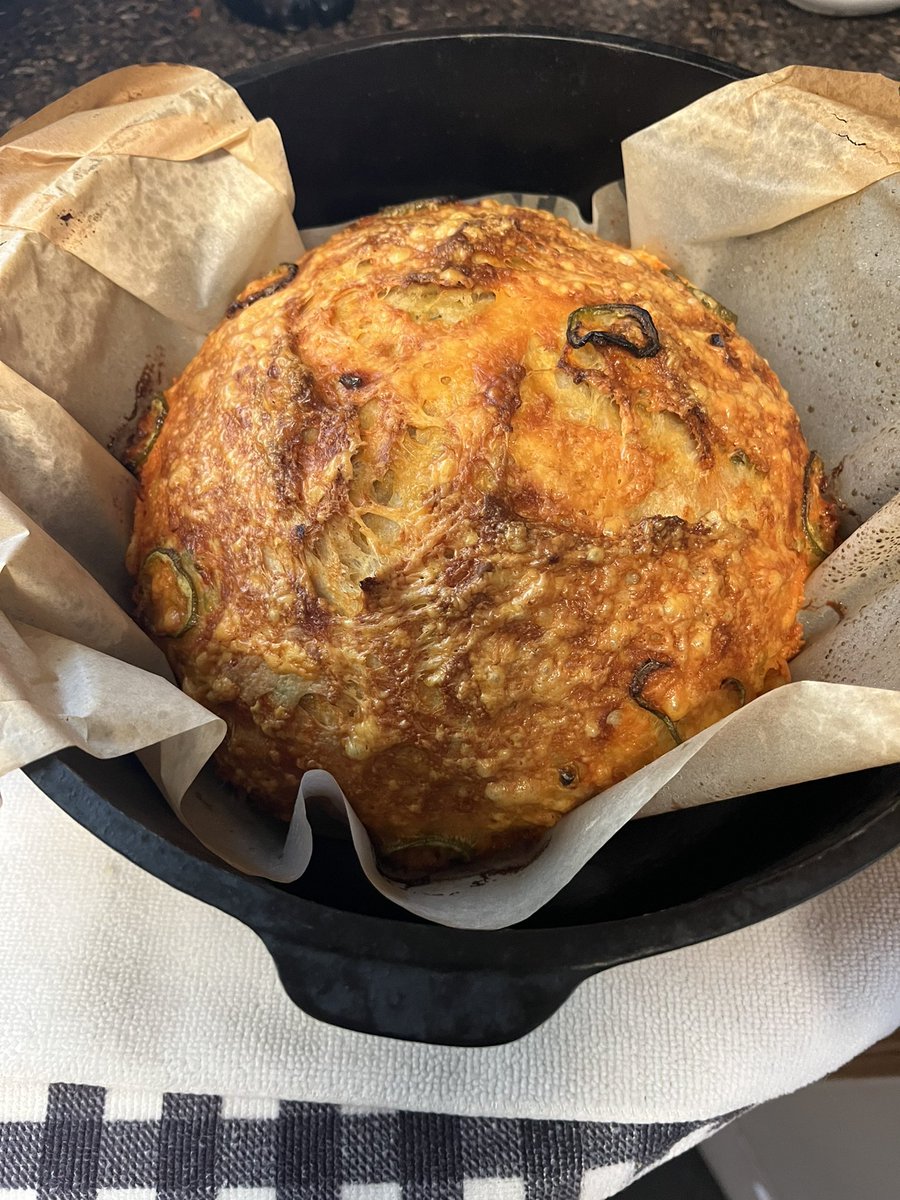 CastRedhead's tweet image. Homemade cheddar jalapeño Dutch oven bread fresh out of the oven!