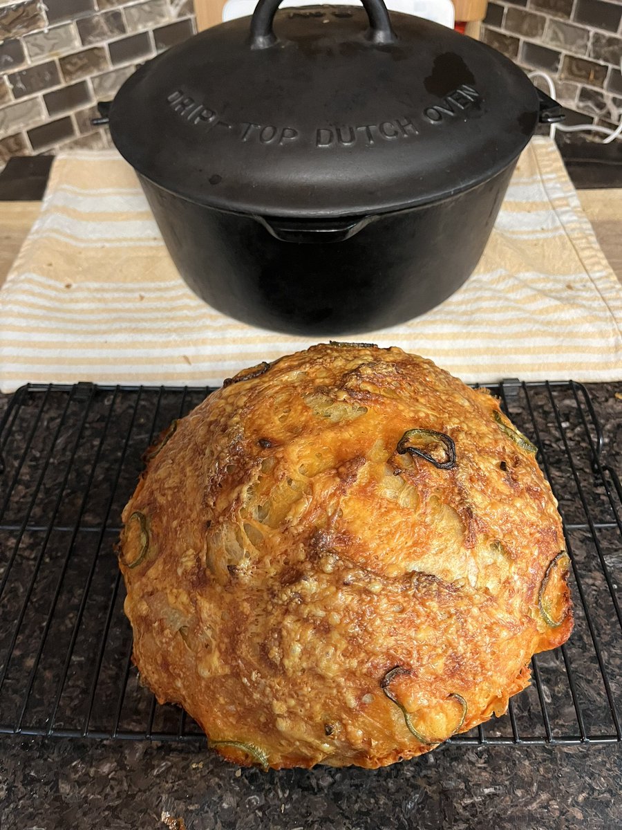 CastRedhead's tweet image. Homemade cheddar jalapeño Dutch oven bread fresh out of the oven!