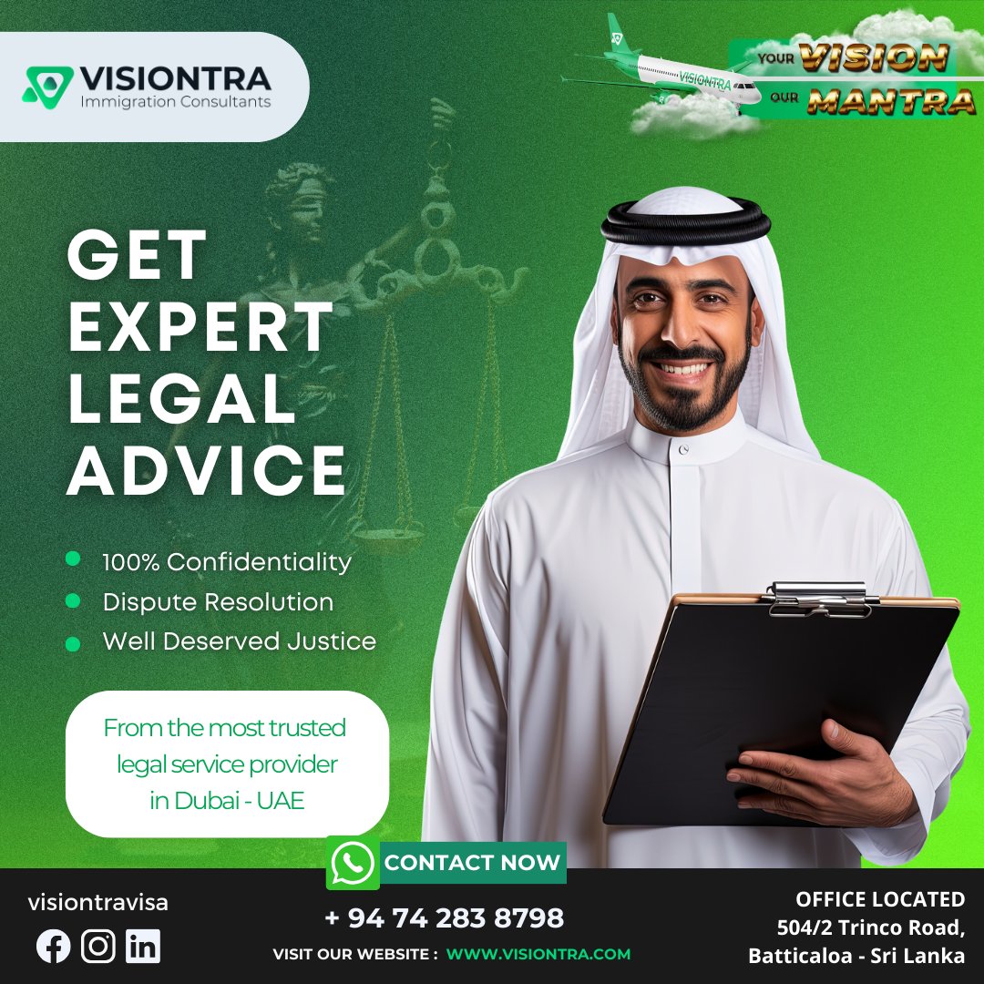 Get expert legal advice from your trusted legal team in Dubai - UAE

#VisiontraImmigration #GlobalOpportunities #indiavisitvisa #europejobs #europejobsinsrilanka #Srilankavisaagency #aftervisapayment #Visaagencyinsrilanka #Visiontra #legaltiktok #lawfirmdubai #legaladvice