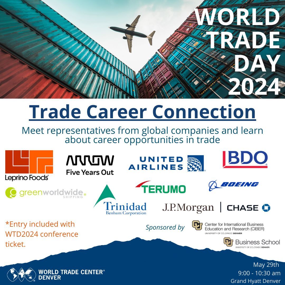 Dreaming of a #globalcareer? Join us at #TradeCareerConnection during #WorldTradeDay2024! Connect with top international companies, explore new opportunities, and take your career to the next level. #wtcdenver #worldtradeday #wtcevents #colorado #denver buff.ly/3X0A5wt