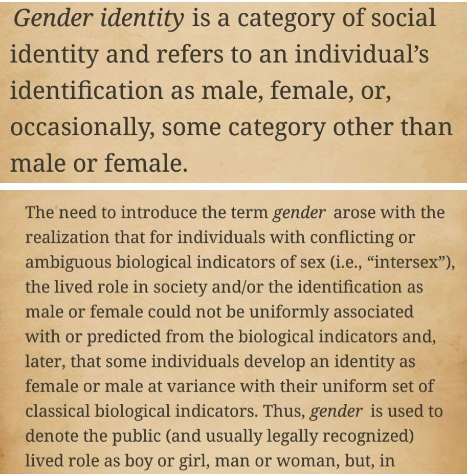 @VerseusGreekus @Pillowbutts @MAMelby @voskat55 @joshythemad @MrMennoTweets I have a biology degree & concur. There's NO science to support men being innately women inside, which is why the DSM-5 states gender identity is just a 'social identity' (i.e. socially constructed) based on identification with gender roles: