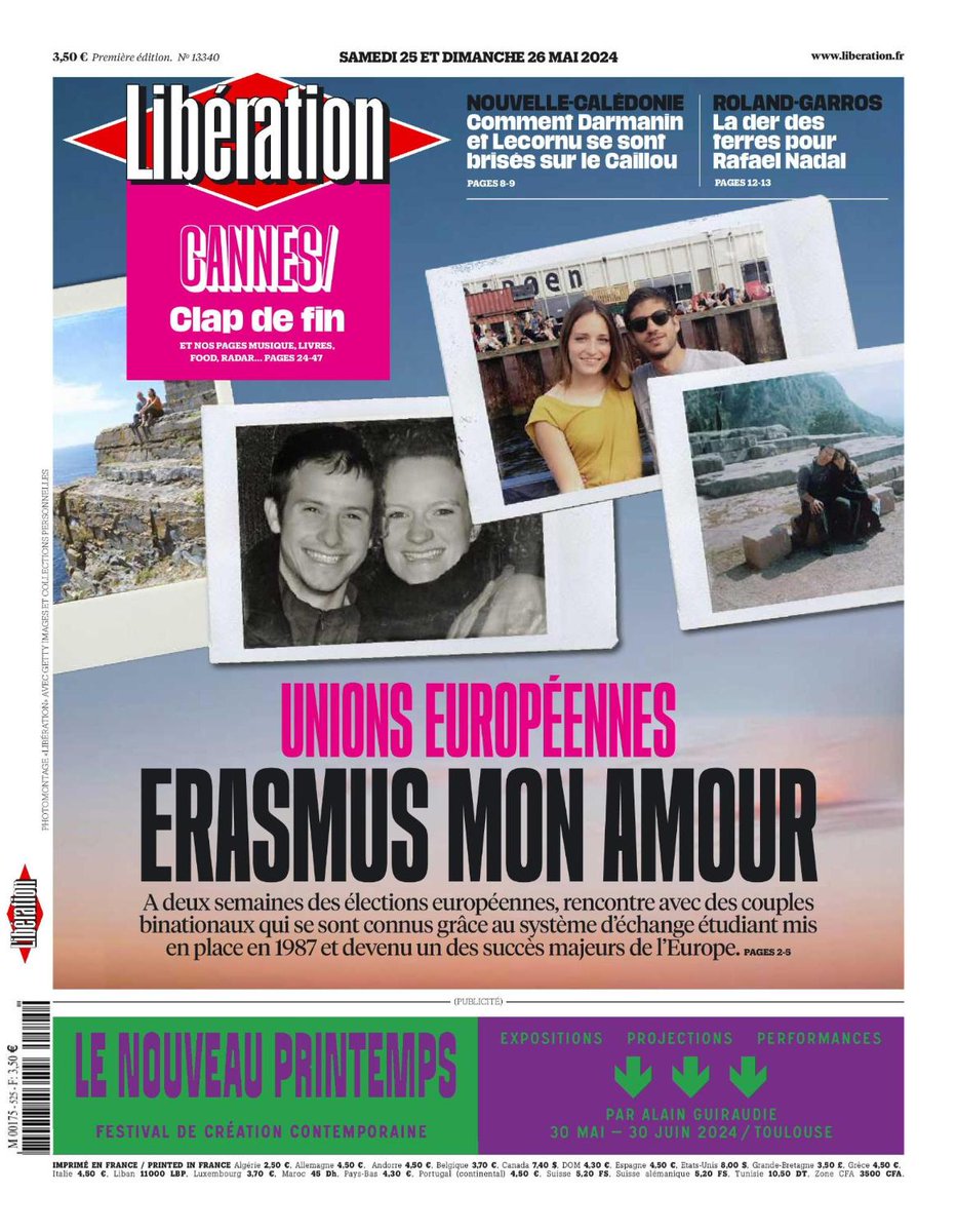 🇪🇺 💞 Unions européennes : #Erasmus mon amour. C'est la une de <a href="/Libe/">Libération</a> ce week-end. 

👉 A deux semaines des européennes, rencontre avec des couples binationaux qui se sont connus grâce au système d’échange étudiant mis en place en 1987 et devenu un des succès majeurs de l’Europe.