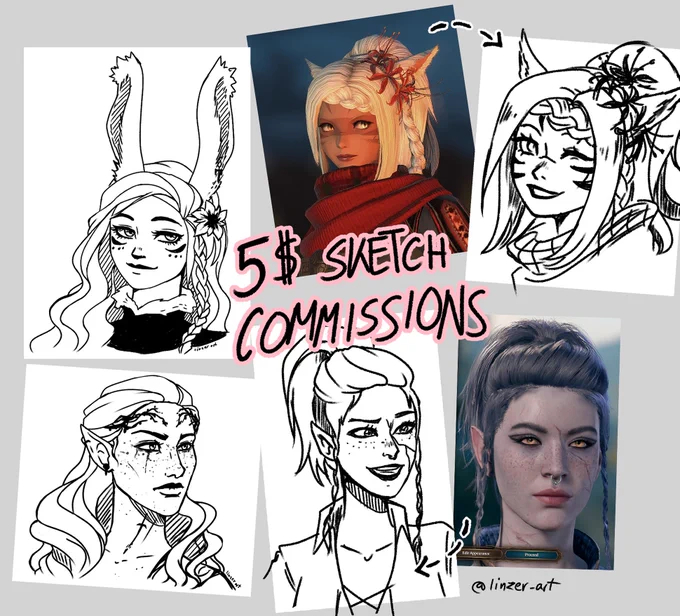 tomorrow i'll have a 3h art history class, which means THE 5$ KOFI SKETCH C0MM7 ARE MAKING A COMEBACK!!
get your Dawntrail WoL, Tav, DnD OC and fund my ffxiv sub. WE ALL WIN!! 
link below, RT's appreciated 