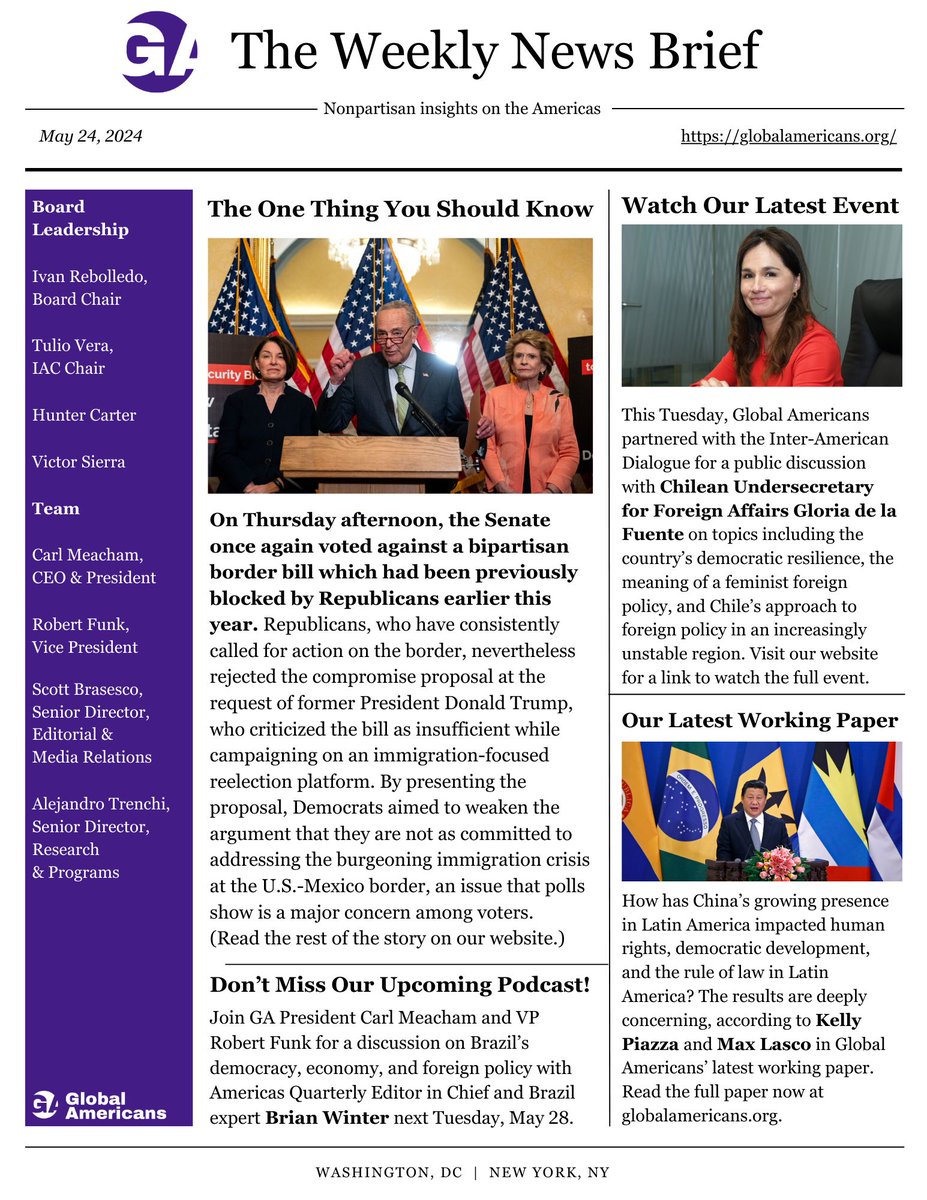 Explore our 'Weekly News Brief' for insights on events in Latin America, including China's growing role in the region, and watch this Tuesday's event with Chilean Undersecretary for Foreign Affairs Gloria de la Fuente. buff.ly/45cOOqd