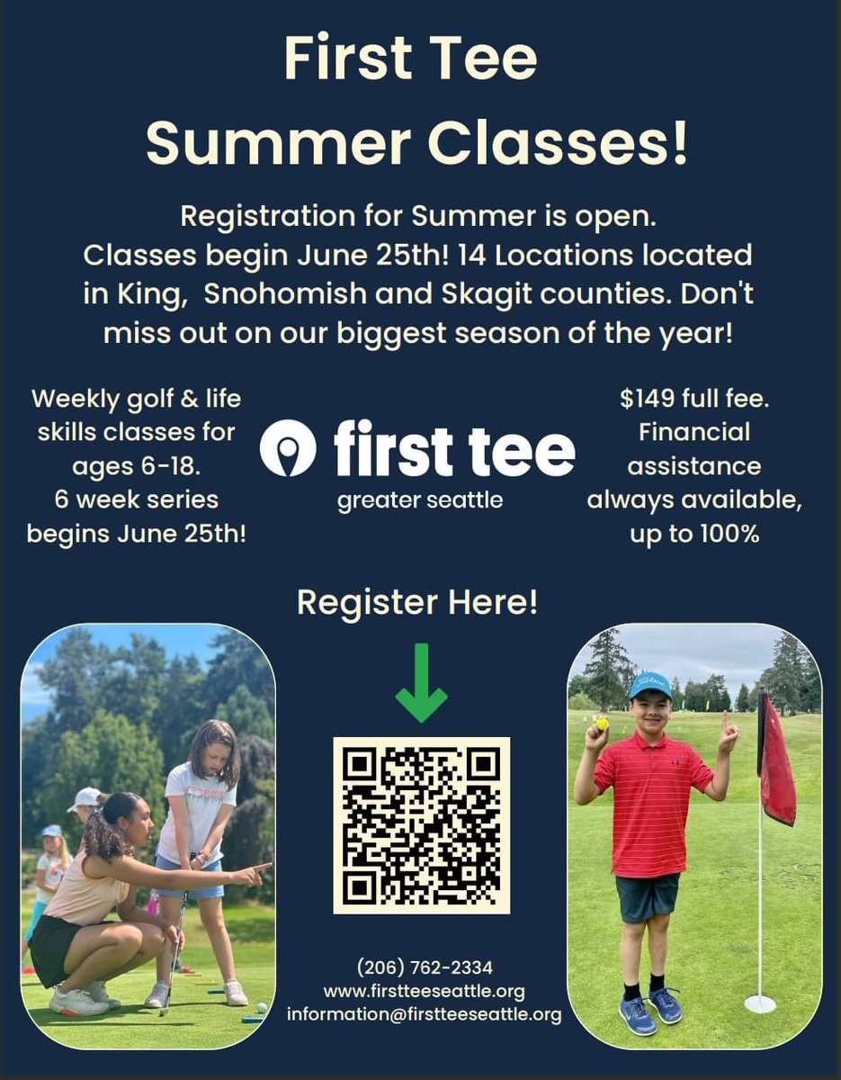 firstteeseattle's tweet photo. Registration is open now for summer classes! Join us at this summer at 14 different locations for our Golf and Life skills experience! Classes are available for those ages 6-18 in King, Snohomish and Skagit counties. Sign up today!

#SummerGolf #BuildingGameChangers https://t.co/6Ho725RrUl