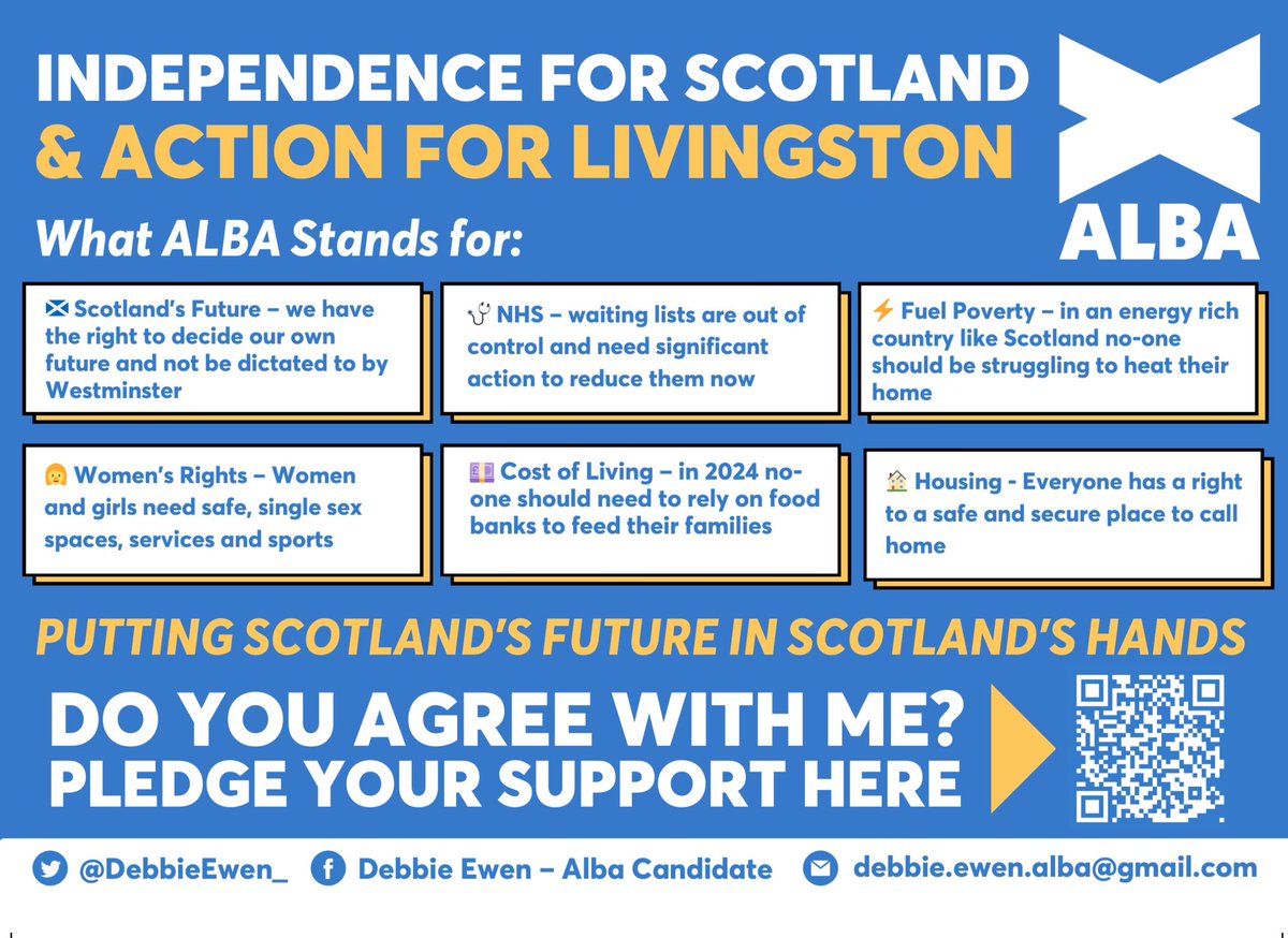 westlothianalba's tweet photo. Alba Party candidate for the Livingston constituency Debbie Ewen lays out her priorities for the upcoming general election.
Please share.
#albastandsforscotland #ScottishIndependence #Alba24 https://t.co/oFsstIZl4v