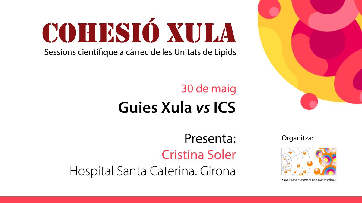 📒Agenda XULA: CohesióXULA

🗓️ 30 de maig
📣 “Guies Xula vs ICS”

➡️ Presenta: Cristina Soler <a href="/cristinasoler66/">Cristina</a>
(Hospital Santa Caterina. Girona)

📍 Activitat online
🕗 8:15h a 8:45h + discussió 5 min

#agendaXULA   #xulacatalunya   #guiesxula
