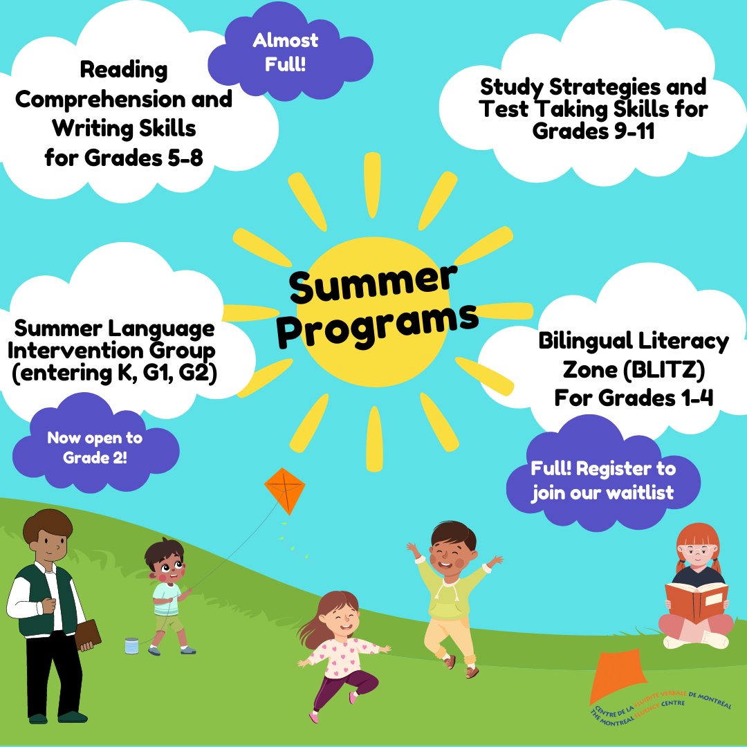 MontrealFluency's tweet photo. The MFC's summer groups are filling up! Don't forget to register by clicking the link: https://t.co/am5gvjwlIf

#SpeechAndHearingMonth #language #literacy #speechdisorder #SpeechLanguagePathology #kindergarten #elementary #montreal #earlyintervention #communication #writing https://t.co/zdctVgYgyC