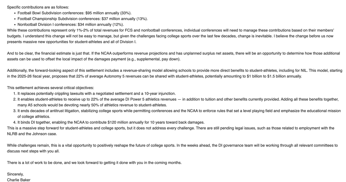 In a letter to schools & obtained by @YahooSports, NCAA president Charlie Baker details concepts of settlement terms - all of which have been previously reported. He estimates, as reported, that athletes are expected to receive $1-$1.5 billion from P4 revenue sharing per year.