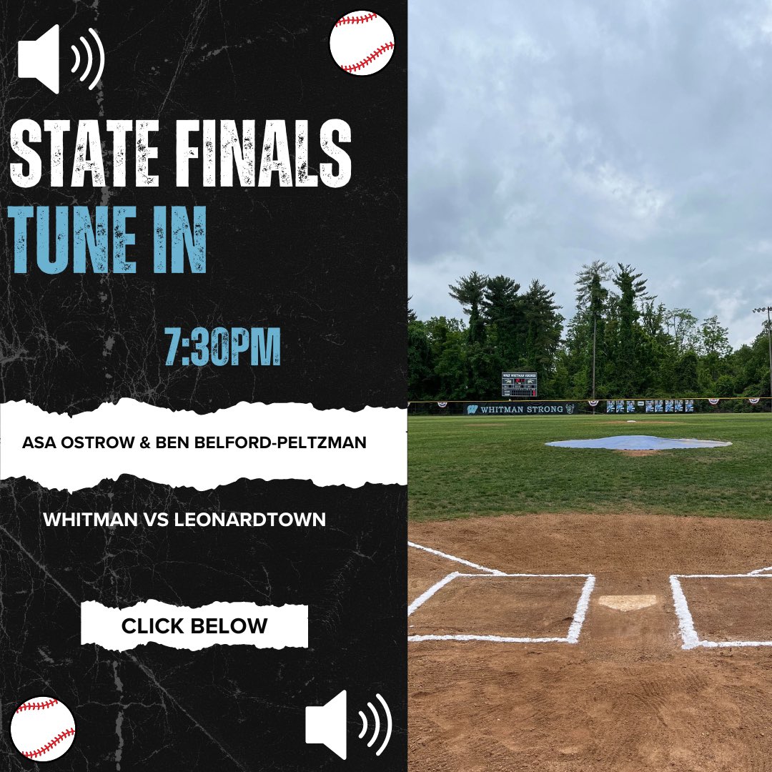 The Black & White (@bdubbsonline) on Twitter photo 🚨Tune in tonight at 7:15 for live coverage as Whitman boys baseball takes on Leonardtown in the 4A STATE FINALS! 
Ben Belford-Peltzman and Asa Ostrow will be live at Regency Stadium in Waldorf with analysis and play-by-play. 🚨Tune in tonight at 7:15 for live coverage as Whitman boys baseball takes on Leonardtown in the 4A STATE FINALS! 
Ben Belford-Peltzman and Asa Ostrow will be live at Regency Stadium in Waldorf with analysis and play-by-play.