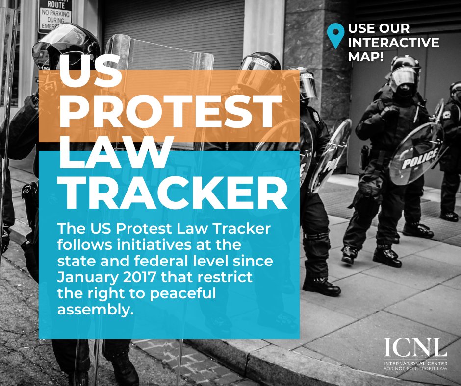 👉 Track state and federal laws that restrict the right to #peacefulassembly with ICNL's US Protest Law Tracker. 🔎 Use our interactive map to filter results based on location, status, issues and date! ➡️ Use the tracker HERE: icnl.org/usprotestlawtr…