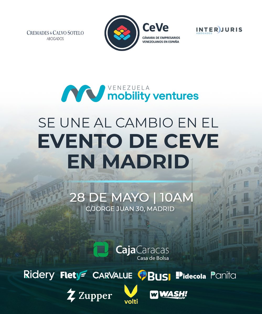 VzlaMobility's tweet image. 🚀 ¡Estamos emocionados de anunciar nuestra participación en el evento de CeVe en España!
Únete a nosotros el 28 de mayo para explorar innovaciones y oportunidades en la movilidad en Latinoamérica con @gersondavid

#VMV #Innovación #MovilidadSostenible @CamaraCeve