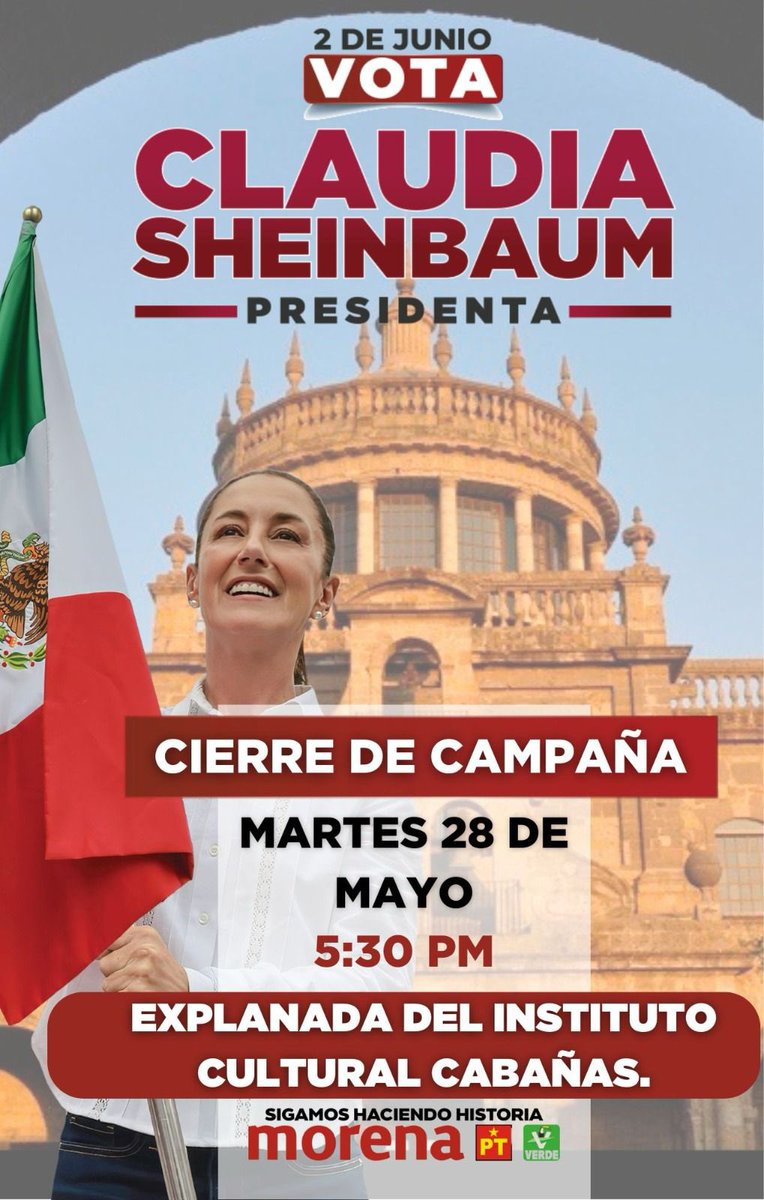 Este próximo 28 de mayo tendremos nuestro gran cierre de campaña. Nos acompañará nuestra próxima presidenta @Claudiashein y nuestra próxima gobernadora @ClaudDelgadillo. Están todas y todos invitados a confirmar el triunfo del Segundo Piso de la Transformación.