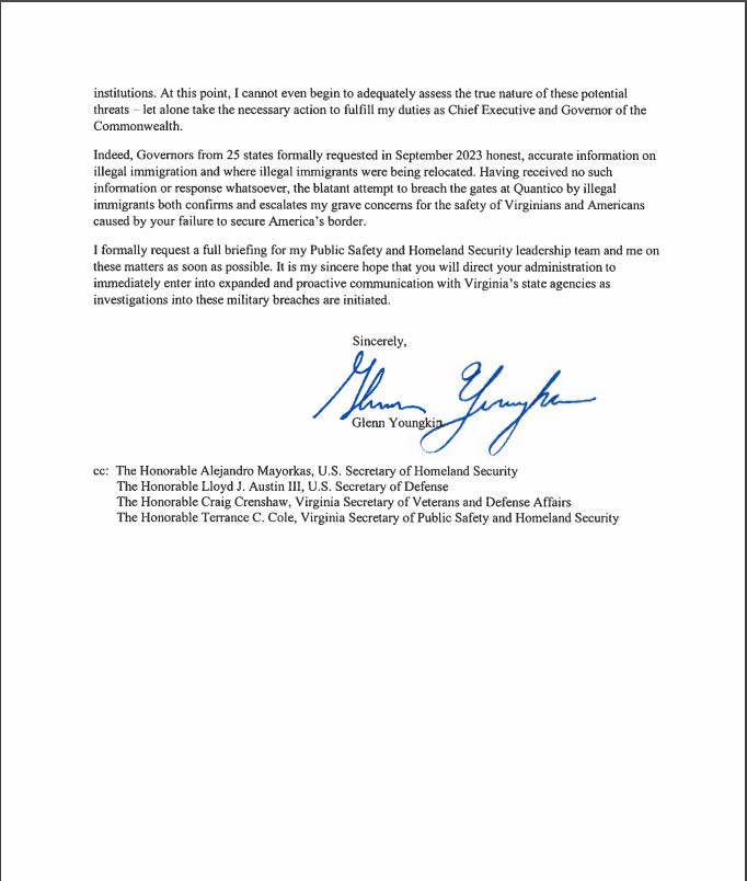 NEW: It's not just congressional committees probing the attempted breach at Quantico by Jordanian nationals... @GovernorVA Glenn Youngkin sent a letter this week (5/22) to @POTUS '... formally requesting that you immediately provide my Public Safety and Homeland Security team