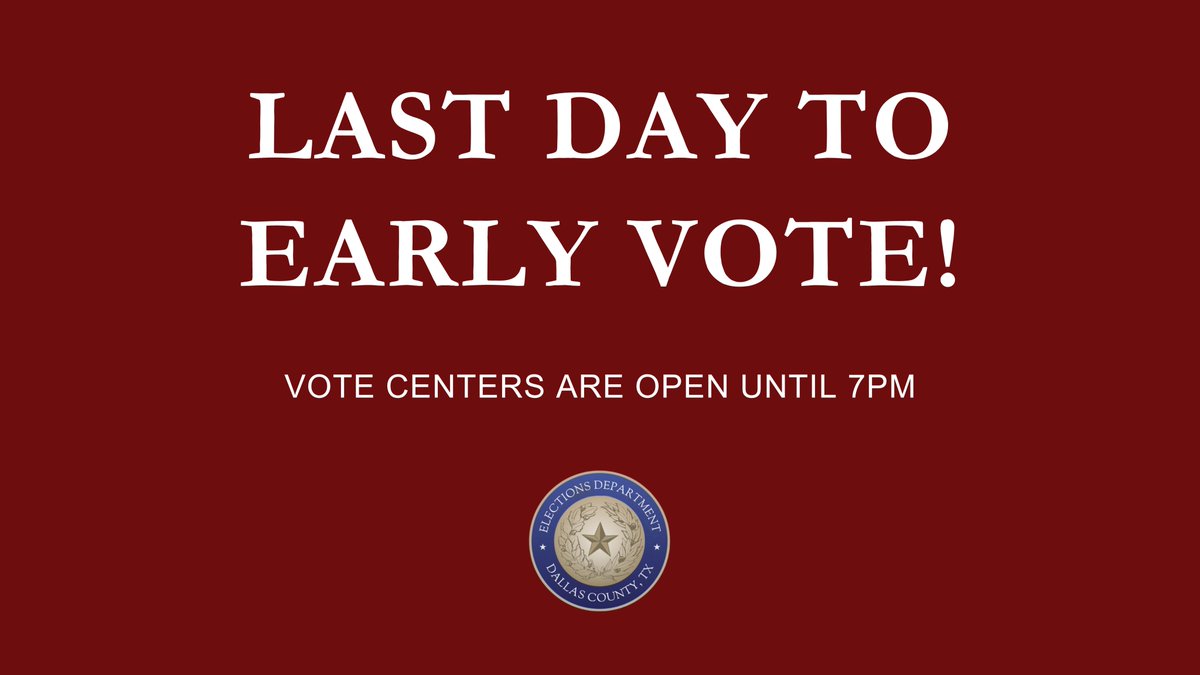 📢Today is the last day to vote early in the May 28th Joint Primary Runoff Election. 🗳️Make your voice heard & take advantage of this opportunity to vote before Election Day. #DallasCountyVotes #EarlyVoting Find Your Nearest Early Voting Center: bit.ly/EVLocationFind…