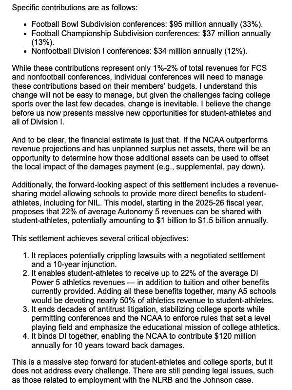 Here's what NCAA president Charlie Baker sent out to NCAA membership today regarding the settlement, also obtained by <a href="/TheAthletic/">The Athletic</a>:
