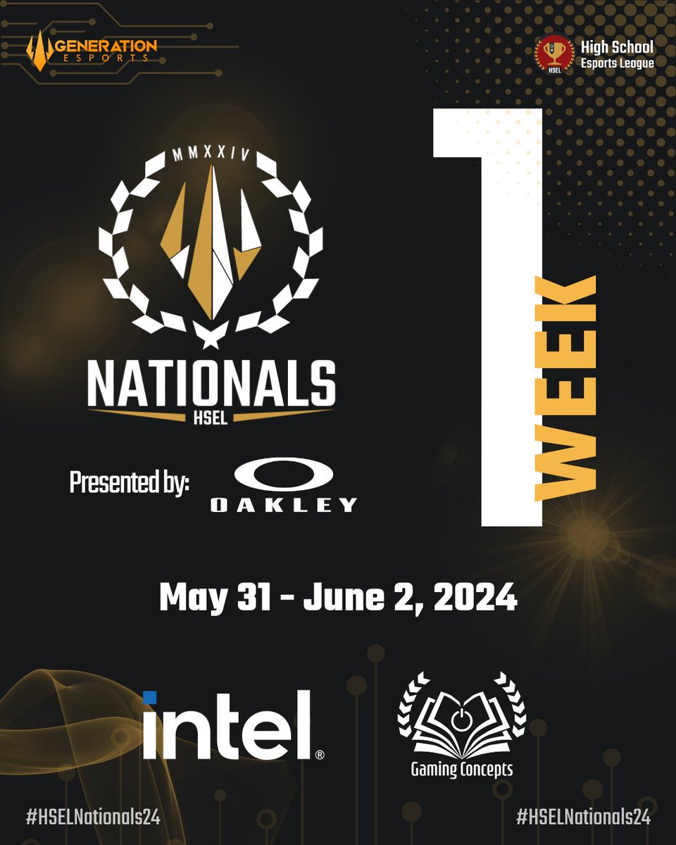 One week until 30 #HSEL esports teams qualified to compete in #HSELNationals24 Online in #MarioKart8Deluxe, #Spaltoon3, @chesscom, @CounterStrike, @Halo Infinite, @Minecraft, and @Rainbow6Game! Live on Twitch.tv/EsportsU & Twitch.tv/EsportsU2