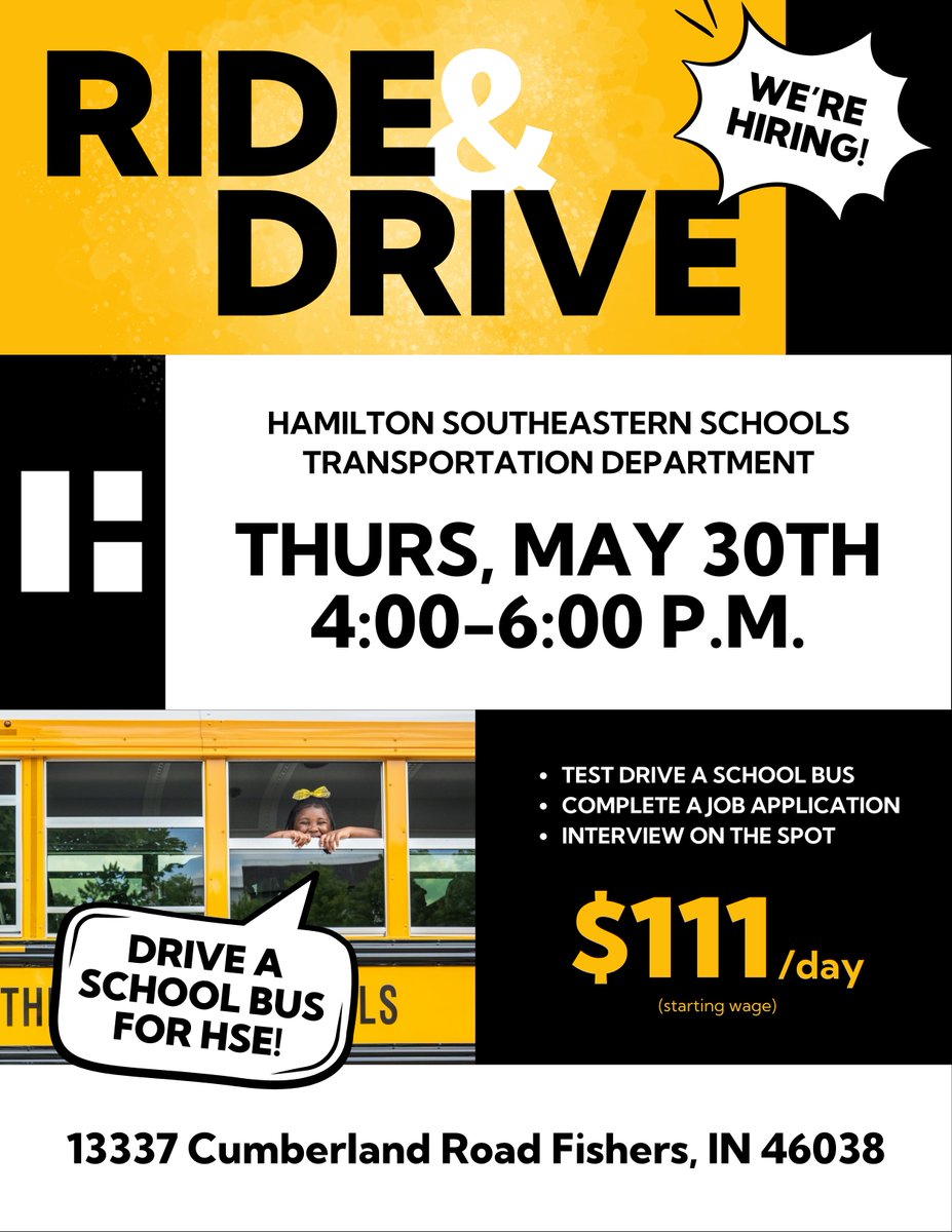 Have you ever considered driving a school bus? HSE Schools invites you to get behind the wheel of one during our Ride and Drive Hiring Event! 📅May 30th ⏰ 4-6 p.m. 📌 13337 Cumberland Rd. ℹ️ Urgently hiring new bus drivers!