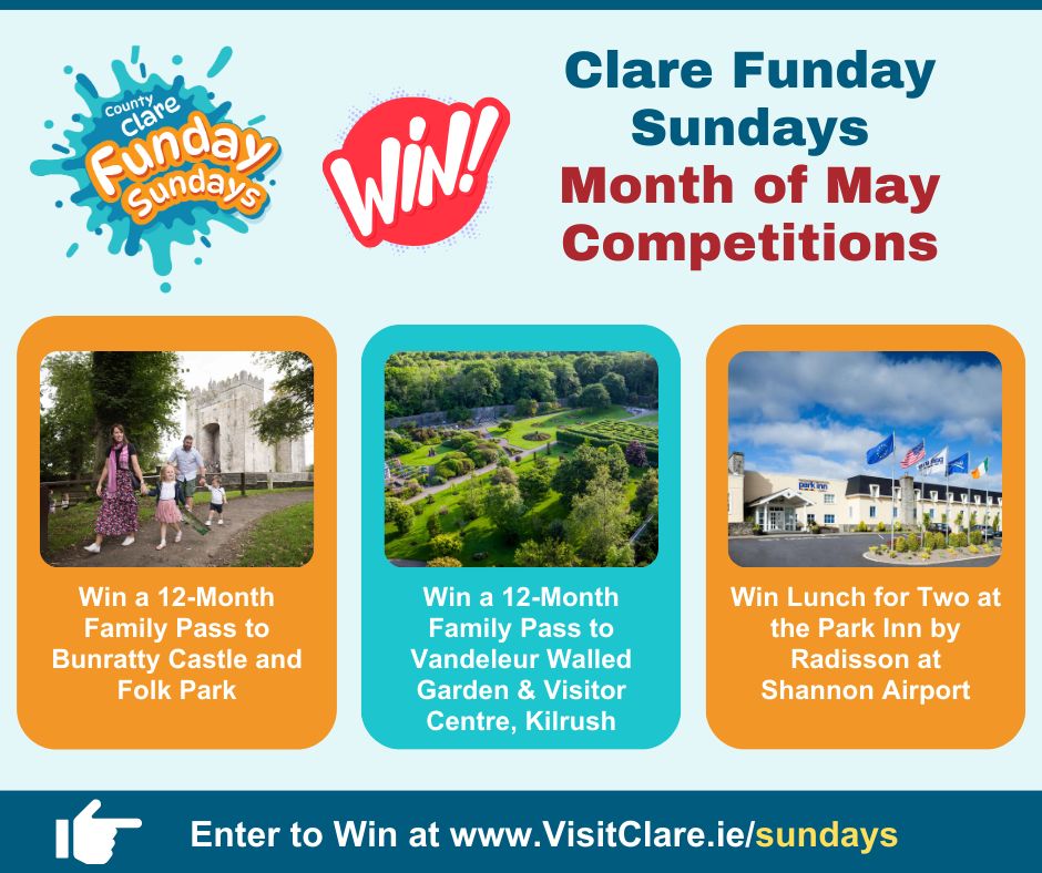 Funday Sunday Prizes 💛💙 Enter for this months prizes to 31st May. A 12-Month Family pass to Bunratty Castle and Folk Park, A 12-Month Family pass to Vandeleur Walled Garden, Lunch for Two at the Park Inn by Radisson at Shannon Airport, Good luck! visitclare.ie/sundays
