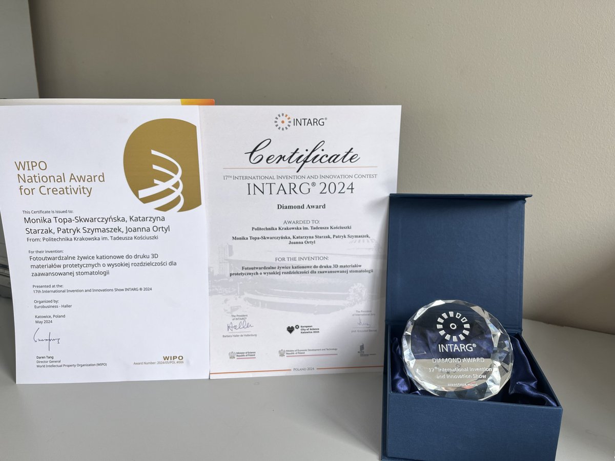 We are pleased to announce that our invention of new #3D printing resins for dentistry funded by the #Leader project @NCBR_pl has received a diamond award and a WIPO special award at the #Intarg2024 invention exhibition. @KatarzynaStarz5 @JoannaOrtyl @SzymaszekPatryk