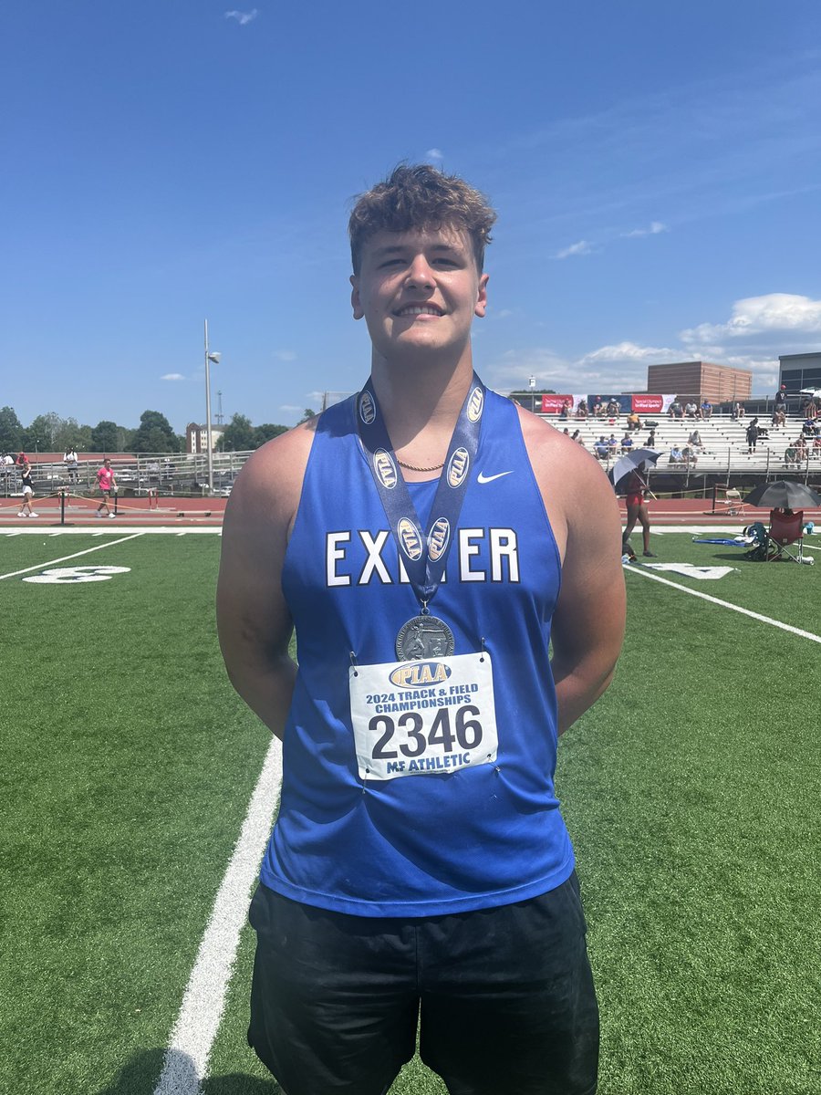 Exeter junior Logan Wegman launches a big final throw to take a 3A shot put silver medal during Friday’s opening day of the PIAA Track and Field Championships at Shippensburg. He heaves a 58-9 3/4. <a href="/MDrago59/">Mike Drago</a> <a href="/ExeterAthletics/">ExeterTwpSD Sports</a>