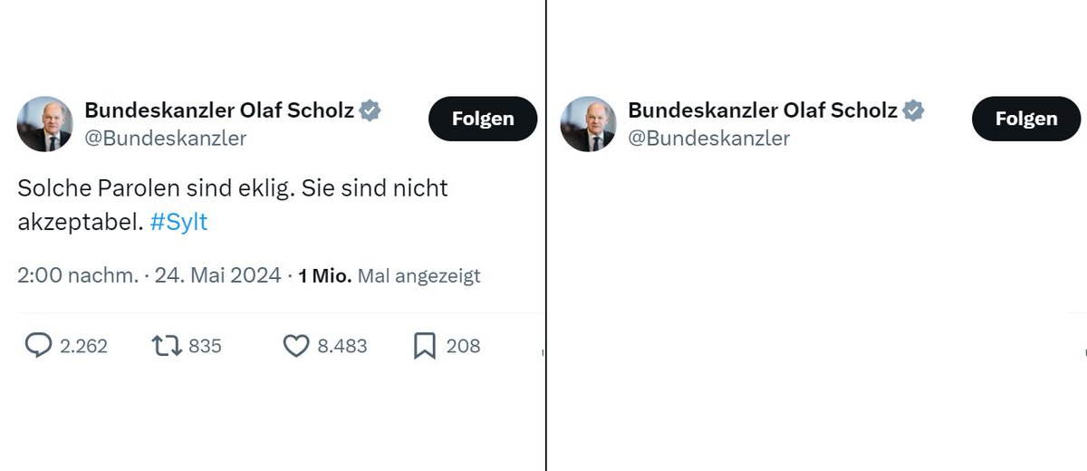 Links: Was der Herr Bundeskanzler zu NS-Parolen grölender Bonzenkinder sagt.

Rechts: Was der Herr Bundeskanzler zum hundertfachen Judenhaß an dt. Universitäten und zu Kalifatsdemos in seiner Heimatstadt sagt.