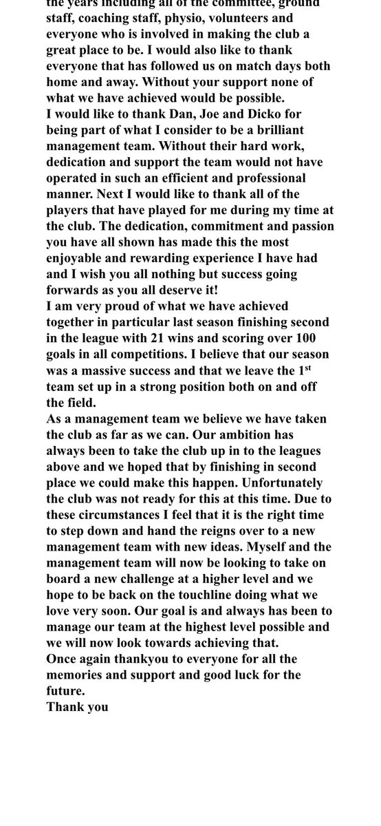 In light of myself and my management team stepping down at HTFC I wanted to put this statement out to give it some context. I wish HTFC all the best 💛💙 <a href="/KCFL1516/">Kent County FL News</a> <a href="/Non_League_Talk/">Non League Talk</a> <a href="/HawkingeTownFC/">Hawkinge Town F.C.</a>