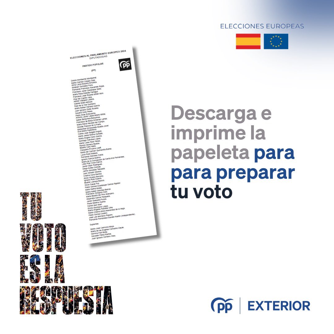 🇪🇺  Elecciones al Parlamento Europeo

📄 Ya está disponible la papeleta de votación (únicamente para el voto CERA)
Descárgala en: pp.es/sites/default/…

👉🏼 Recuerda que puedes imprimirla en A4 y que la papeleta es única para todas las CC.AA. y provincias. 

#TuVotoEsLaRespuesta