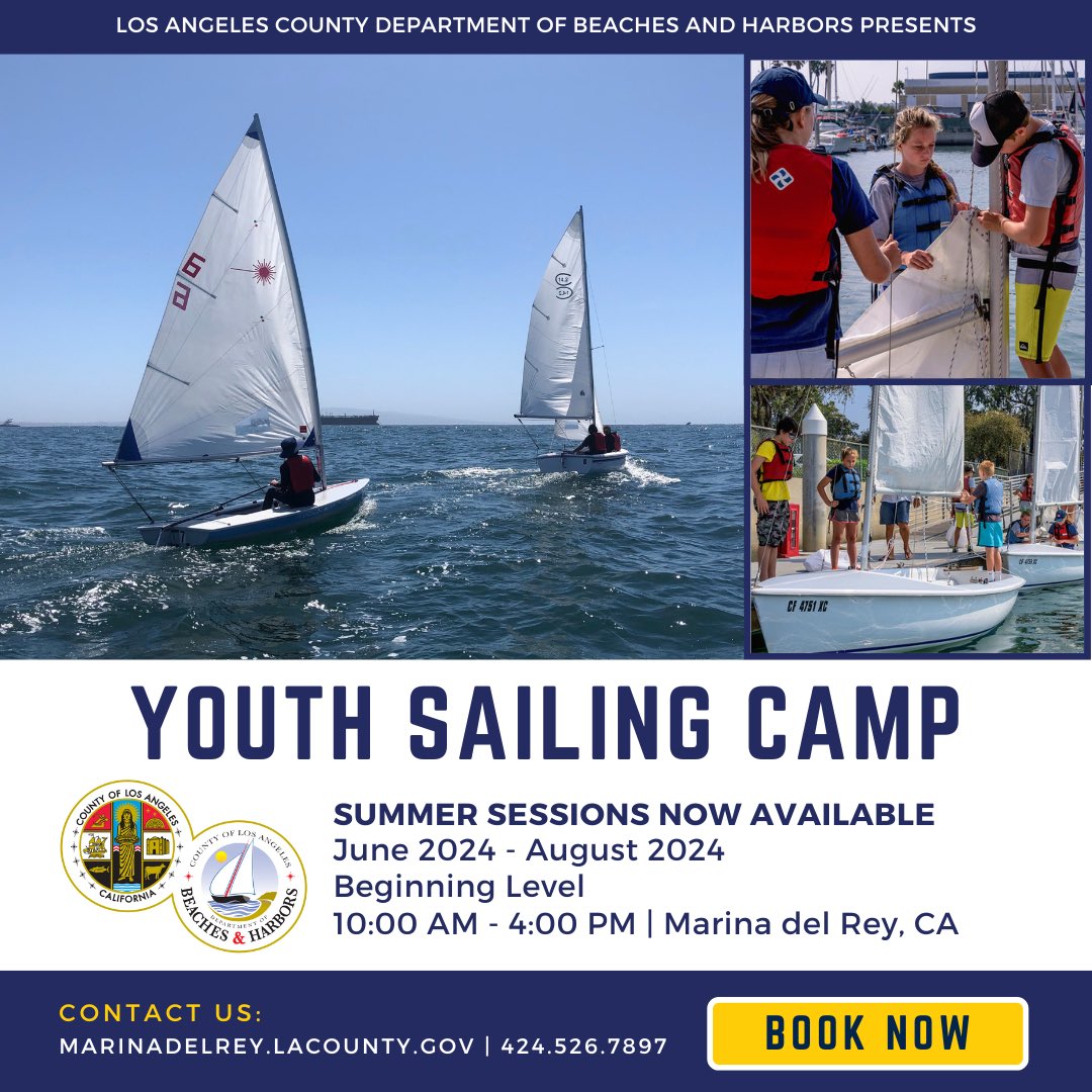 🌊Do you have an 11-17 year old looking for outdoor adventures this summer? ⛵Sign them up for our Youth Sailing Camp taught by LA County WATER Program Lifeguards in Marina del Rey. ☀For more details, visit marinadelrey.lacounty.gov.