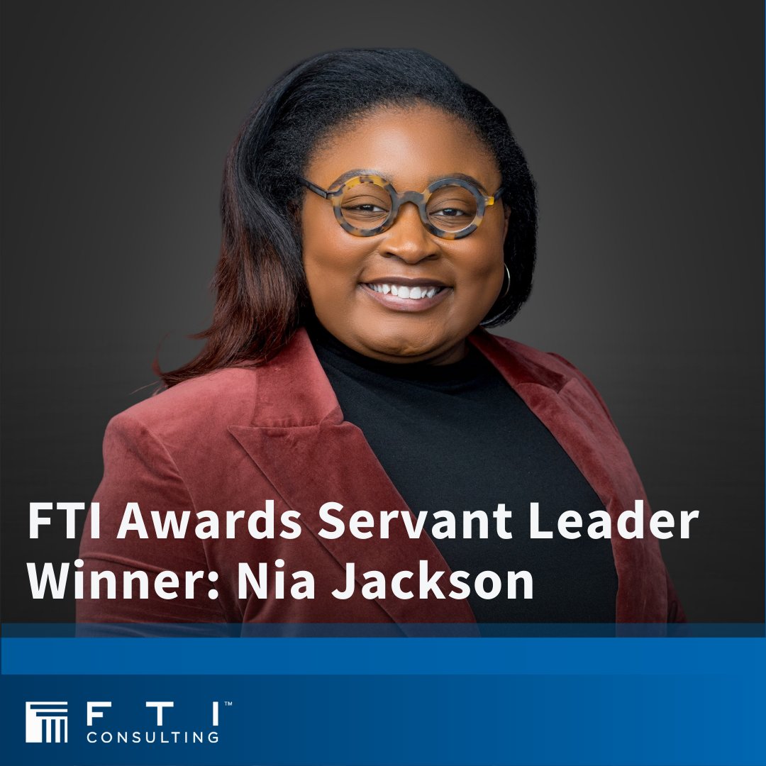 Congratulations to newly promoted Senior Director Nia Jackson for her recognition as a Servant Leader by @FTIConsulting's annual #FTIAwards! Nia continuously empowers her colleagues through mentorship, and we are proud to have her on our team.