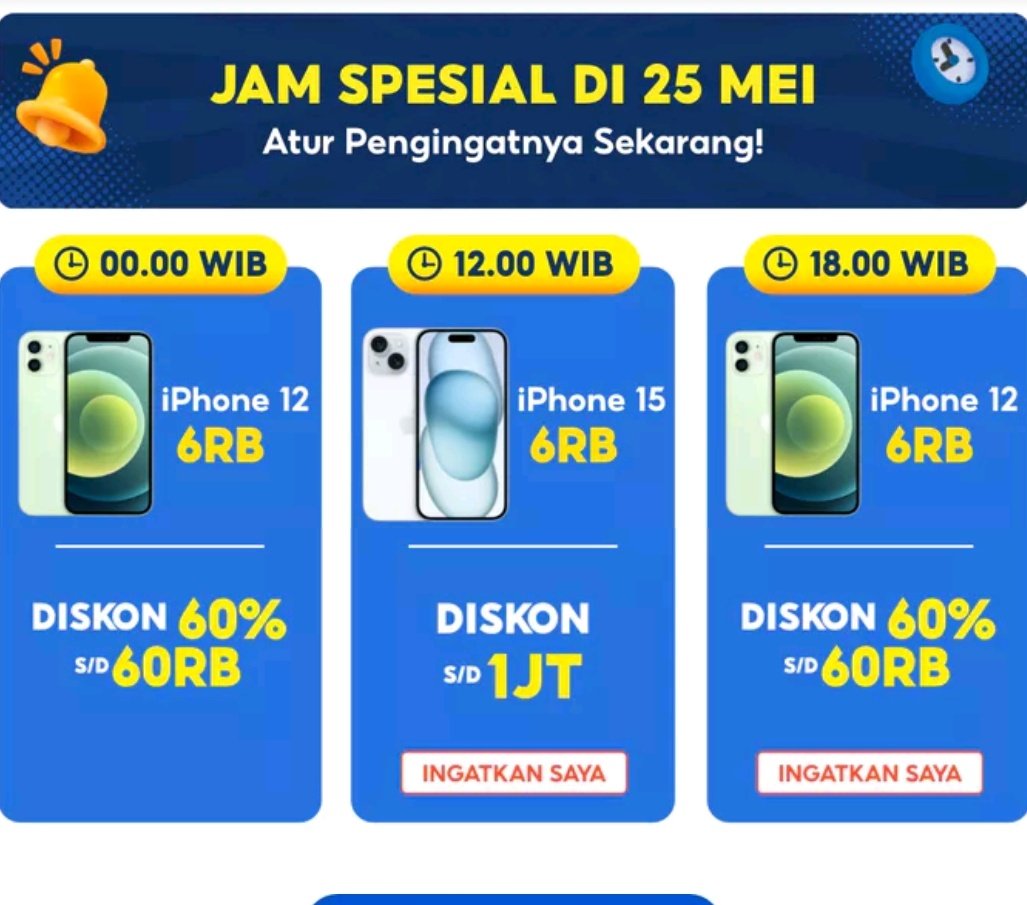 niiinaaw's tweet photo. PROMO SHOPEE GAJIAN SALE

- Voucher Gratis Ongkir RP0
- Diskon 60% s/d 15RB
- Diskon 10% s/d 200RB
- Flash Sale Serba 6RB
12:00 IPHONE 15 hanya 6RB
18:00 IPHONE 12 hanya 6RB
- Diskon Fashion 80% s/d 20RB
- Diskon Kecantikan 12% s/d 200RB

🔗 https://t.co/ia5Kt5iAIR https://t.co/I00fiklCMl
