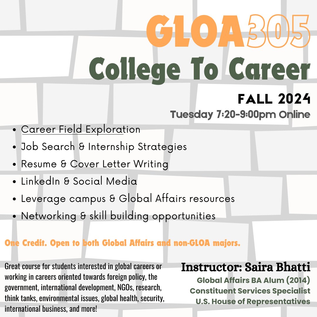 Are you thinking about what you would like to do after Mason? Get help thinking about career fields and educational opportunities. Register for GLOA 305: College to Career in Fall 2024! Open to Global Affairs and non-GLOA majors.