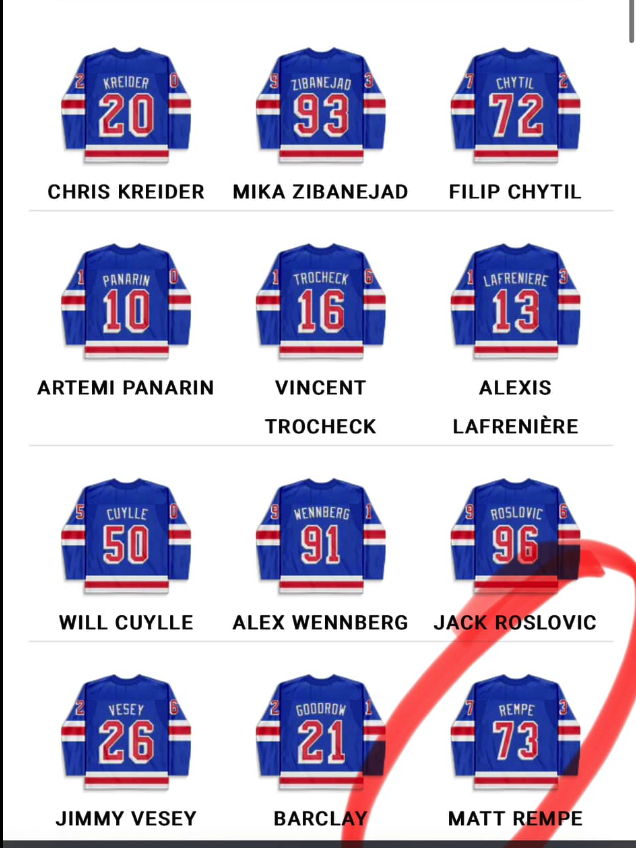 titukia's tweet photo. #Rangers #game2 Kakko OUT , Rempe IN. #NHL #ECF https://t.co/QXm0RK2Xzo