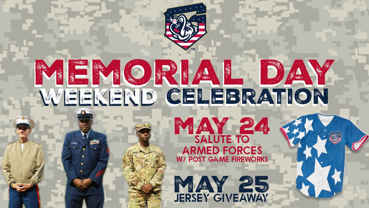 Big weekend starting today at the ballpark! Tonight, we celebrate those who have served with Salute to Armed Forces presented by @MyCountry993 followed by postgame fireworks. Tomorrow, the first 1,750 fans will receive a patriotic replica jersey! Tix: gostripers.com/tickets