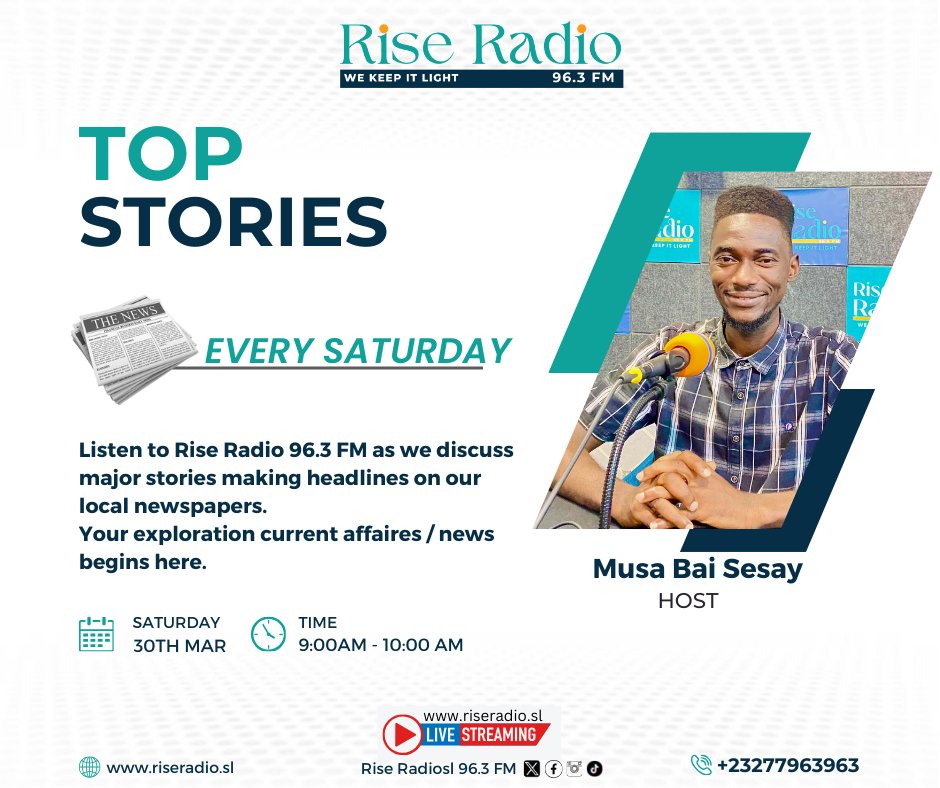 Start your Saturday with us on #TiopStories as we discuss major stories making headline on our #localnewspapers. Don`t miss out! @asmaakjames @mariamajbah9 #Topstories #Riseradiosl