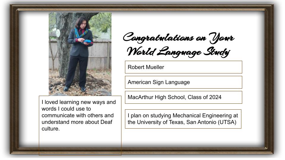 NEISD WL (@neisdwl) on Twitter photo Congratulations, Robert Mueller. American Sign Language senior at MacArthur High School! <a href="/RealBrahmaPride/">MacArthur HS</a> Congratulations, Robert Mueller. American Sign Language senior at MacArthur High School! <a href="/RealBrahmaPride/">MacArthur HS</a>