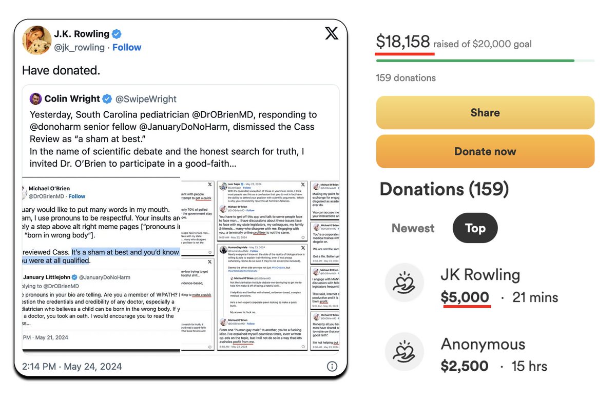 I am thrilled to announce that the one and only @jk_rowling has just taken the Top Donor spot with a $5,000 donation to the campaign! This bring the total to over $18,000! The public is tired of gender doctors like @DrOBrienMD ducking debate! Donate to help make this happen.⬇️