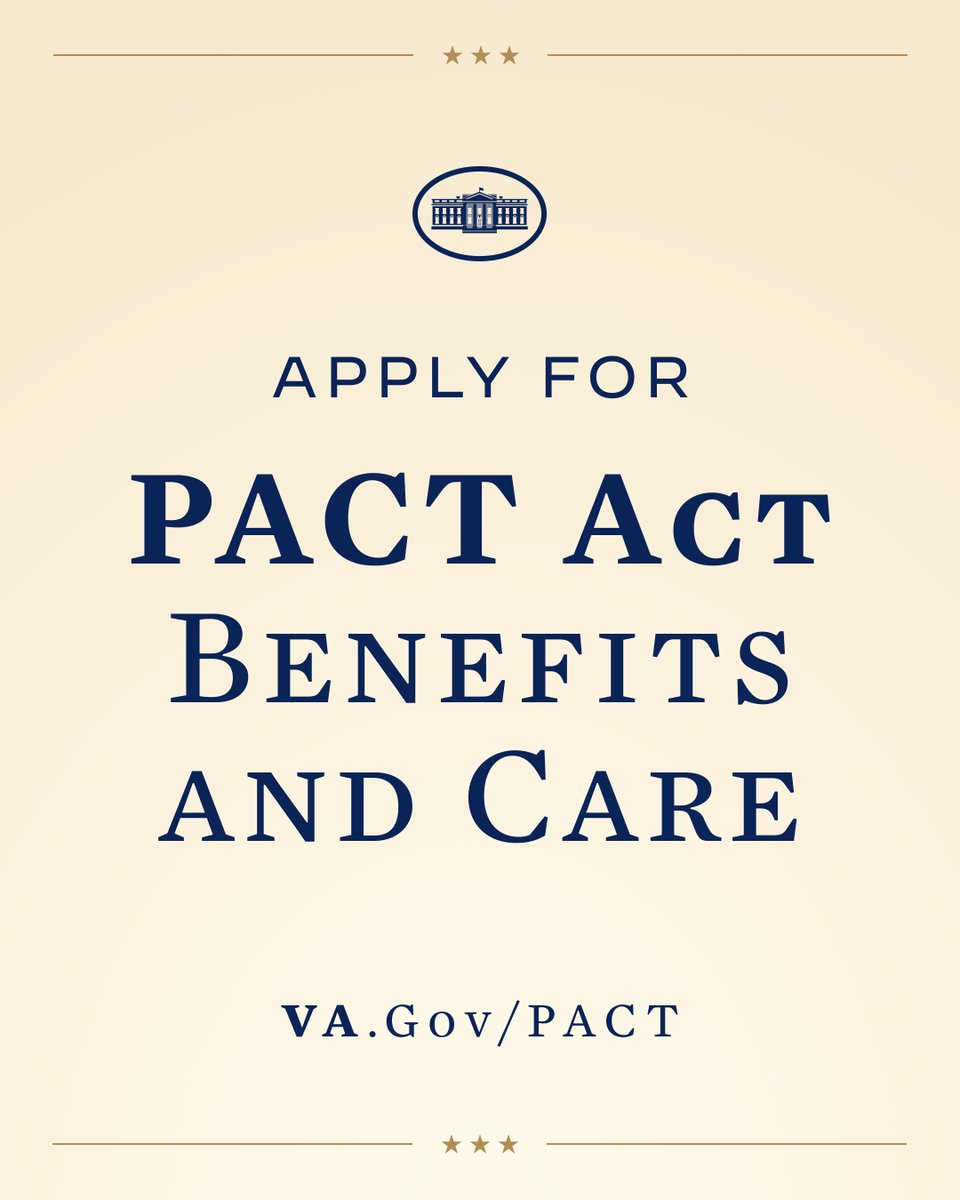 Because of @POTUS, veterans affected by burn pits, Agent Orange, or other toxic substances can finally get the care and benefits they deserve. Go to VA.gov/PACT to learn more and apply for benefits.