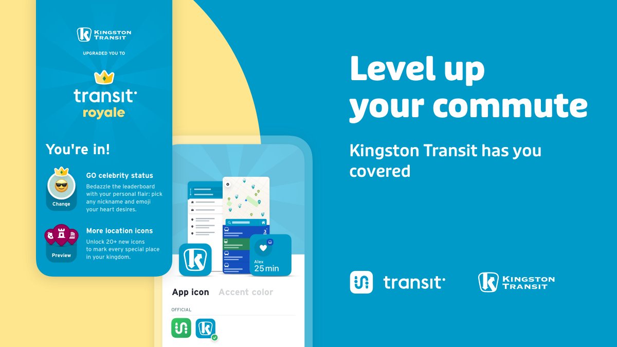 Starting today, we have upgraded our riders to Transit Royale, the subscription in <a href="/transitapp/">Transit</a>. The subscription will unlock features! Ride w/ friends, customize themes &amp; compete for the crowdsourcing crown on your line. Kingston Transit riders are getting the Royale treatment!