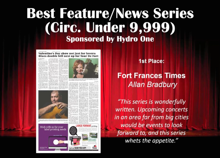 AllanBradbury's tweet photo. My first award for writing as a reporter. A series of features about the artists coming to town with the local concert series #TourDeFort. Thanks to @OCNAAdReach for the acknowledgement. https://t.co/g6eZSfjWqG